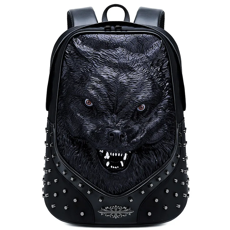 

3D Pu punk backpack male animal lion head backpack cool travel computer bag Head Design PU Good quality, 3colors