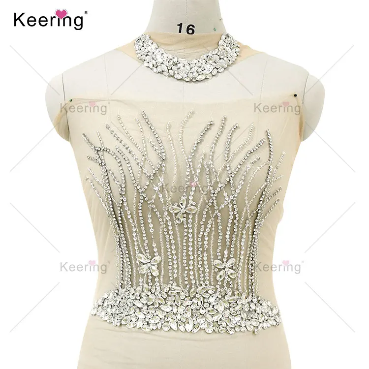 

Keering New Arrival New arrival Leaf-shape Beaded Rhinestone Wedding Applique silver rhinestone patches with necklace WDP-153