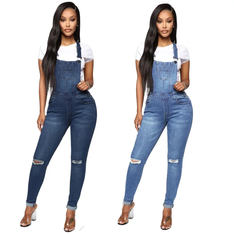 

New stylish women skinny plus size suspender denim ripped jeans trousers