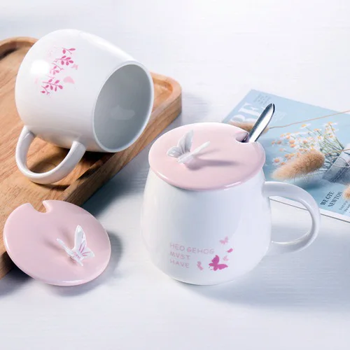 

Pink Butterfly Ceramic Coffee Mug Creative Coffee Cup With Spoon, As the picture show