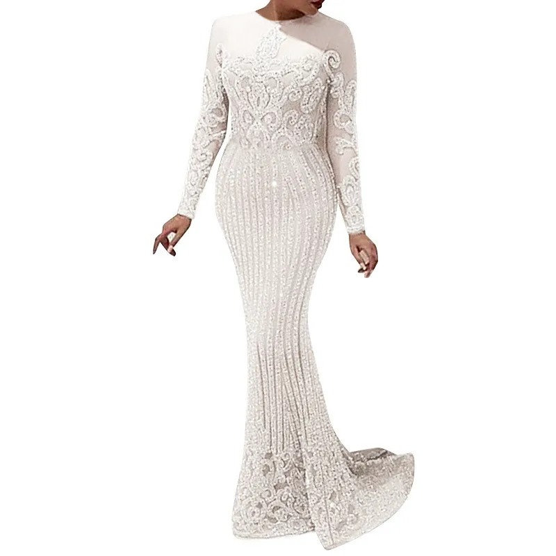 

2021 hight quality White Hollowout Robes Women Dress Robe De formal Soiree big size Elegant Evening Dresses With Sequined