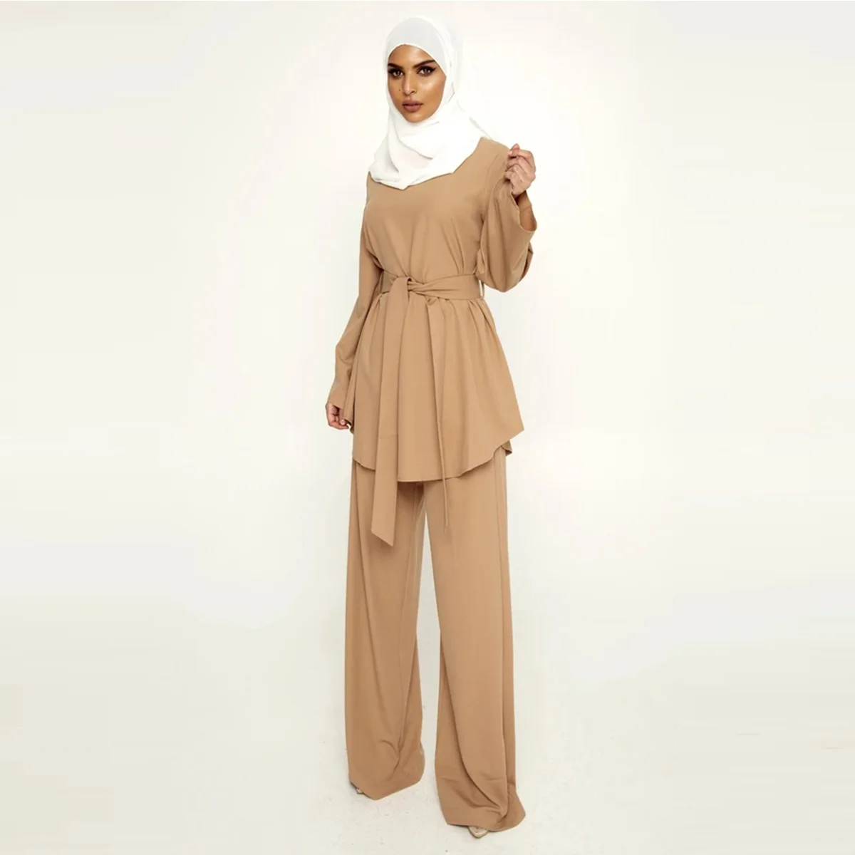 

2021 Best Selling Spring Summer Casual Wide Loose Leggings Pants Solid Color Muslim Women 2 Piece Set With Belt