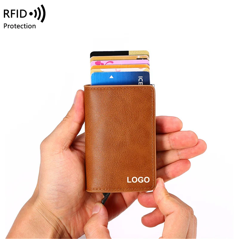 

2022Free sample rfid Blocking aluminum slim wallet pop up PU leather card holder Metal minimalistic RFID wallet men Card Holders