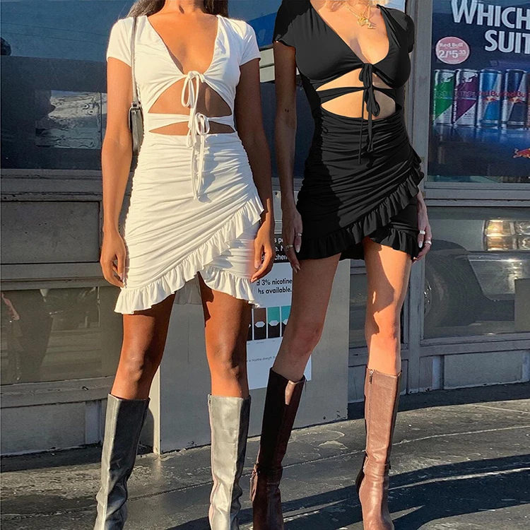 

2021 Autumn Summer New Women Deep V Hollow Ruffle Skinny Sexy Ladies Dresses