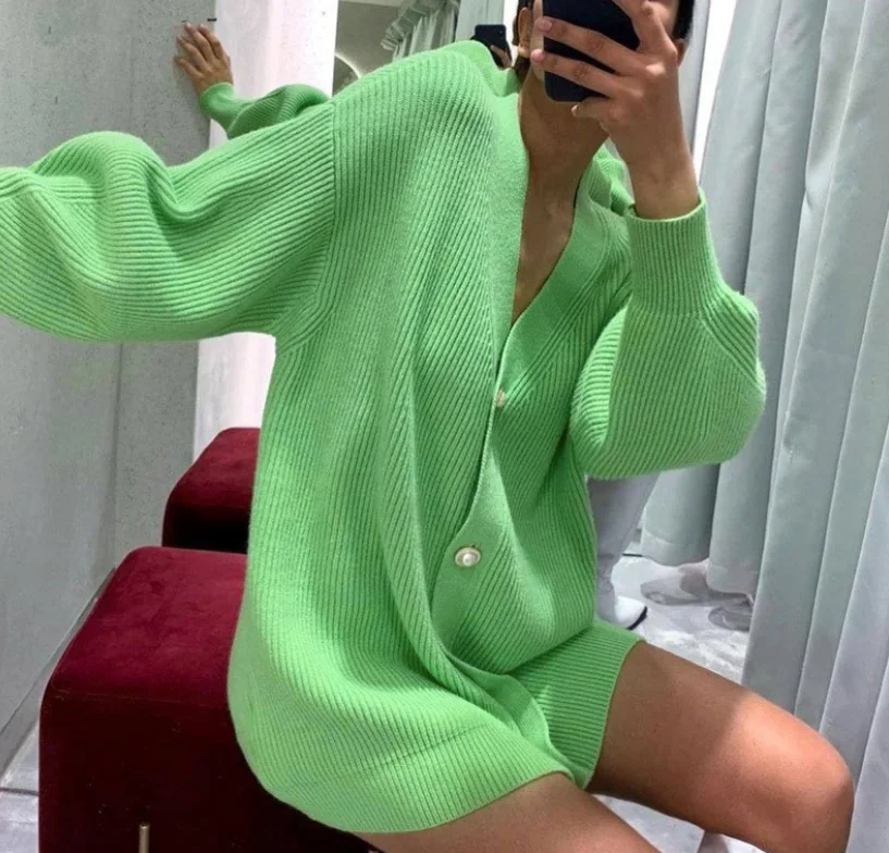 

Autumn Winter Stylish Lady Knitted Cardigan Women Solid Outfit Jumper V Knit Loose Korean Sweater Cardigan, Colorful