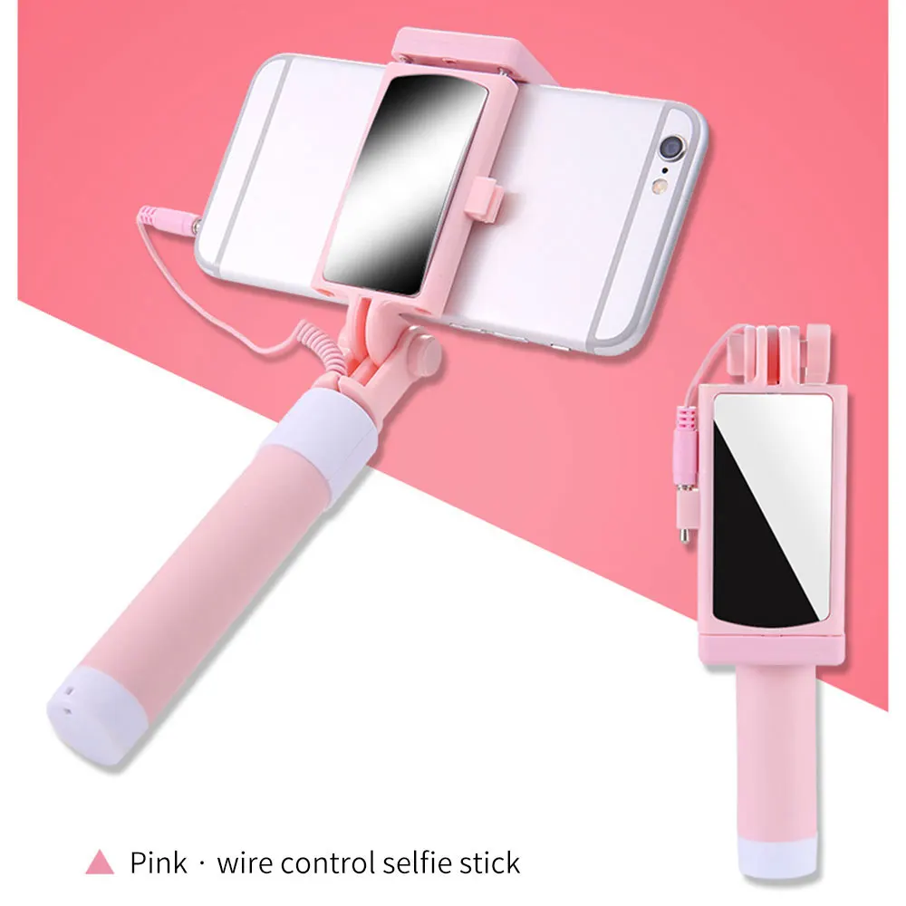 

Free Shipping 1 Sample OK Phone Accesories Wire Control Mini Selfie Stick With Rearview Mirror Folding Travel Selfie Stick