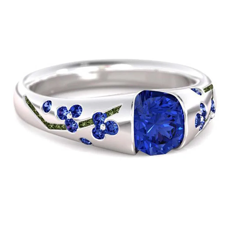 

Pave Setting Simple Plum Shape Red & Blue Zircon Diamond Ring 3 Colors Flower Leaf Ladies Ring, White, red, blue