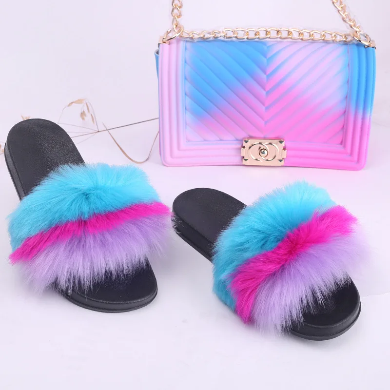 

fashion women fur slid slippers fluffy fox fur soft slippers, Red, black, pink, purple, blue & customized color