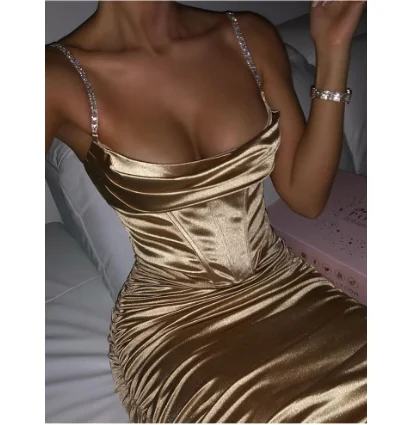 

KHT3473 Diamante Spaghetti Strap Satin Corset Ruched Bodycon Dress Women Sexy Solid Party Elegant Bustier Midi Dreess