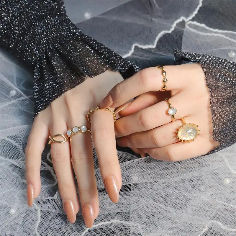 

6PCS Amazon Best Selling 18k Real Gold Plated Oval Stone Ring Set Irregular Crystal Rhinestone Band Rrings