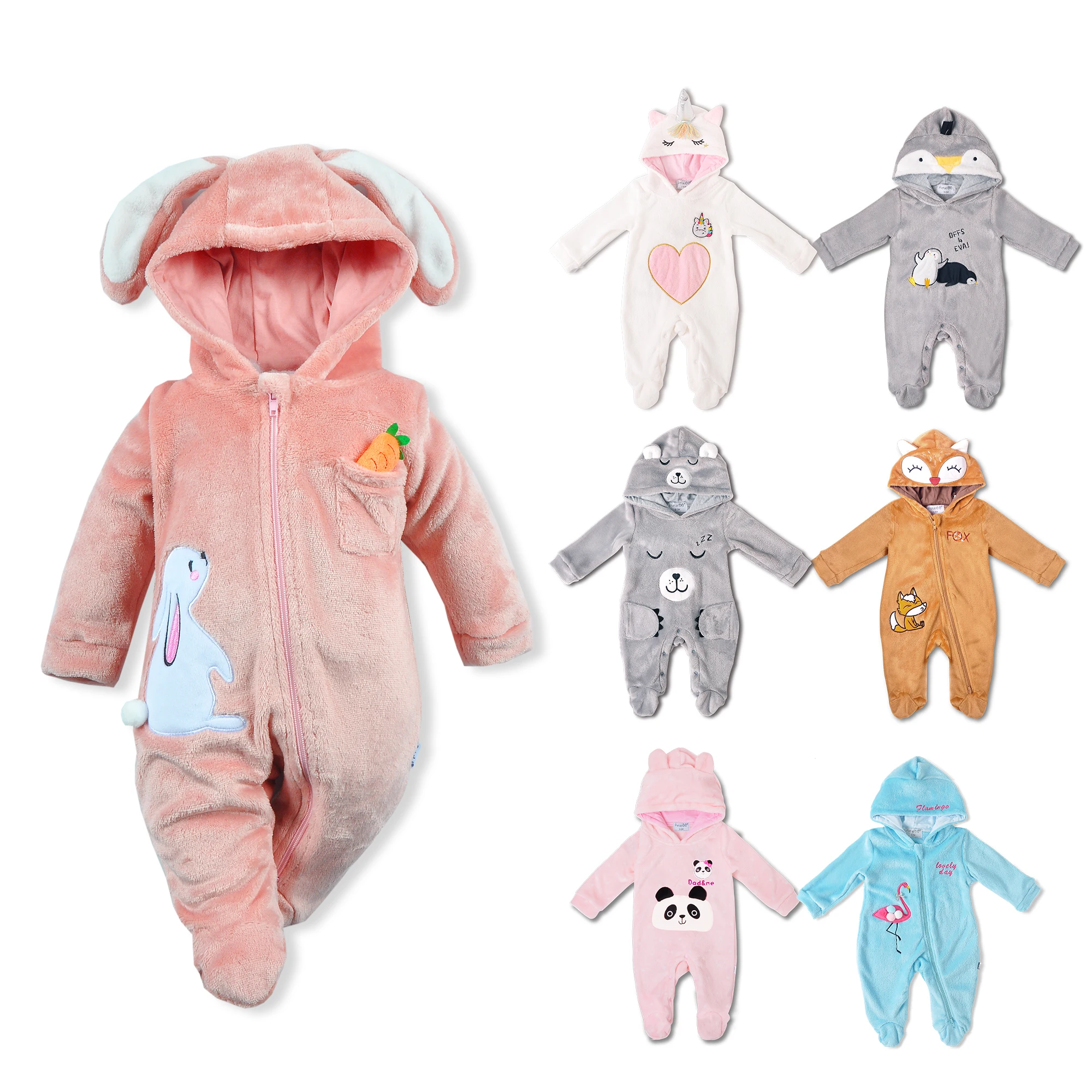 

Petelulu baby clothes Animal carton cute style winter coral fleece jumpsuit baby cloths rompers, Gray/pink