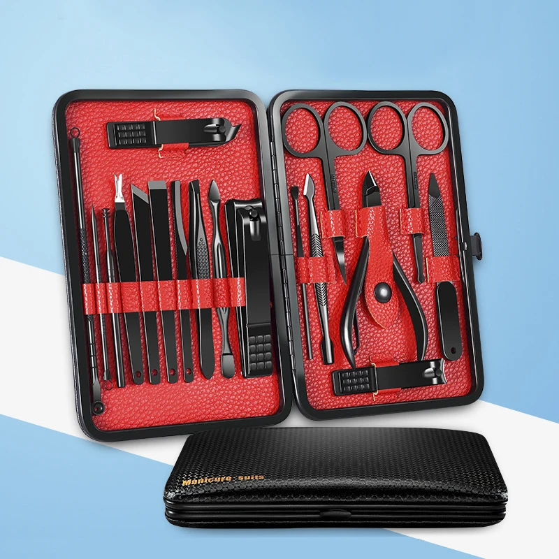 Premium Quality Black Coating Stainless Steel Manicure Set 18 PCS With PU Leather Case