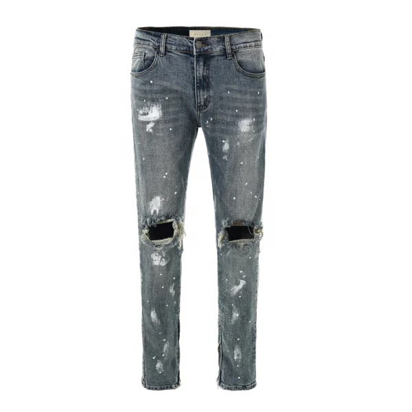 

New Style Boys Pants Mens Skinny Ripped Distressed Splash Denim Trousers Blue Jeans OEM Fashion Bulk Wholesale China Slim Casual
