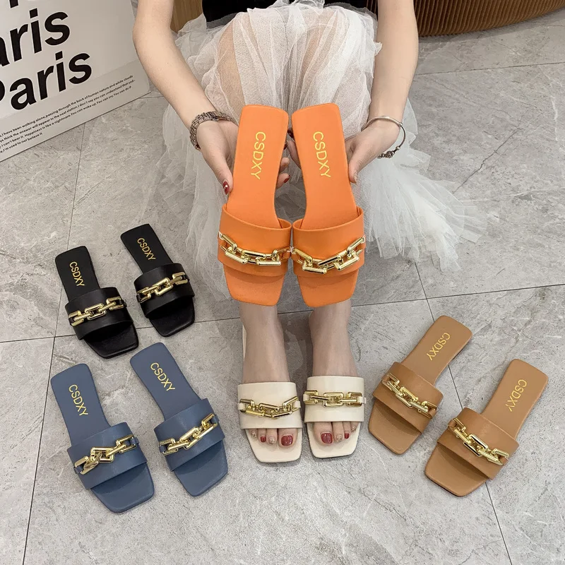

Big size women's flat sandals chain slippers M666, Black,orange,blue,beige,brown