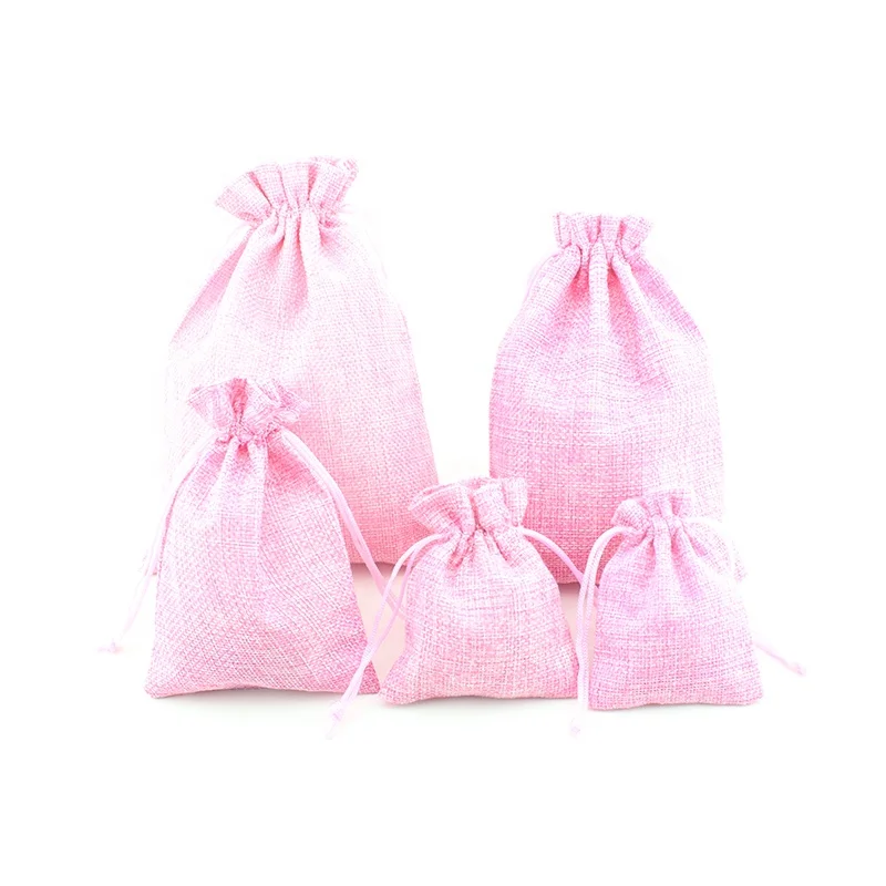 

Customized logo linen jewelry bag small hemp pink jute drawstring bag, Full color/customised