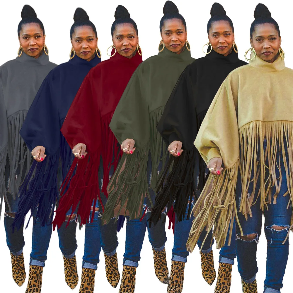 

Casual high neck solid color lantern long sleeve loose irregular tassel top