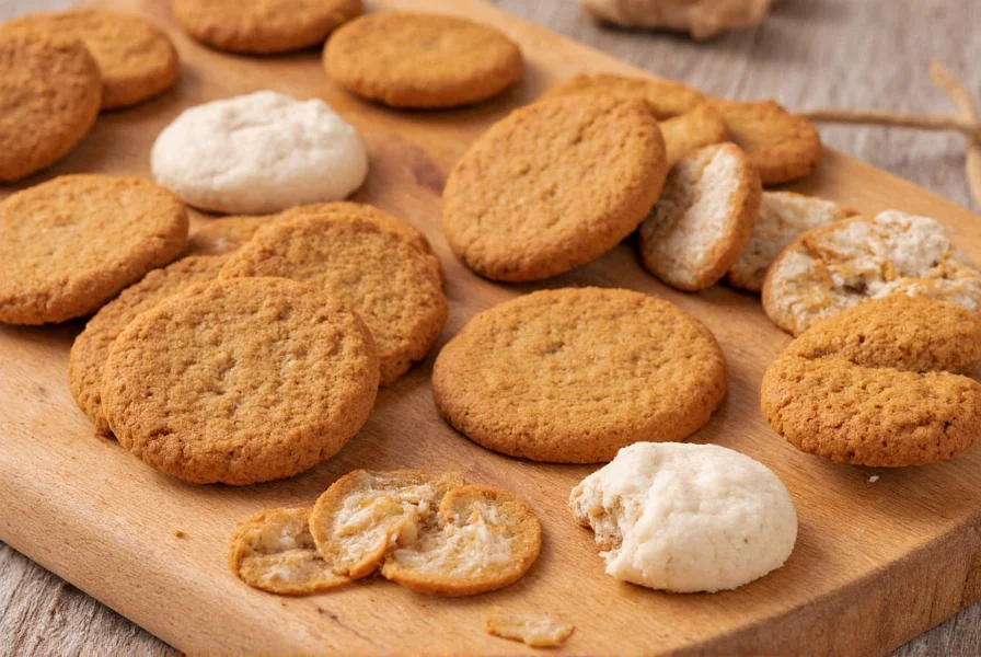 Assortment of ginger snap cookies from different cultural traditions arranged on a wooden board, showing variations in size, shape, and texture