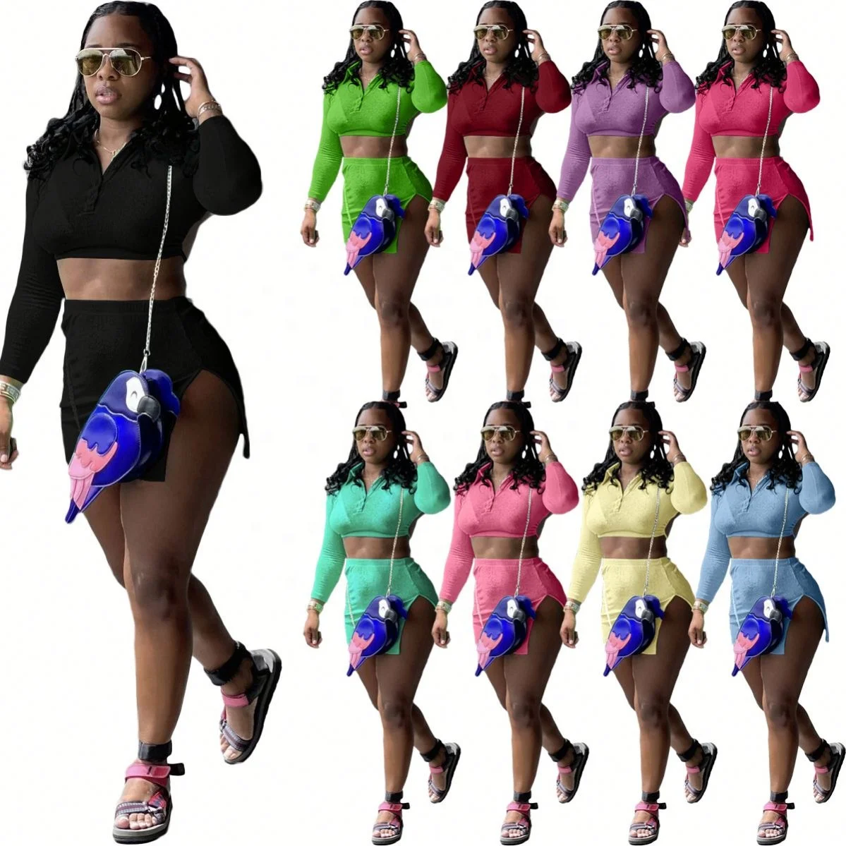 

Wholesale Summer Two Piece Skirt Set Crop Top Split Dresses Plus Size Dress Women's Outfits Clothing