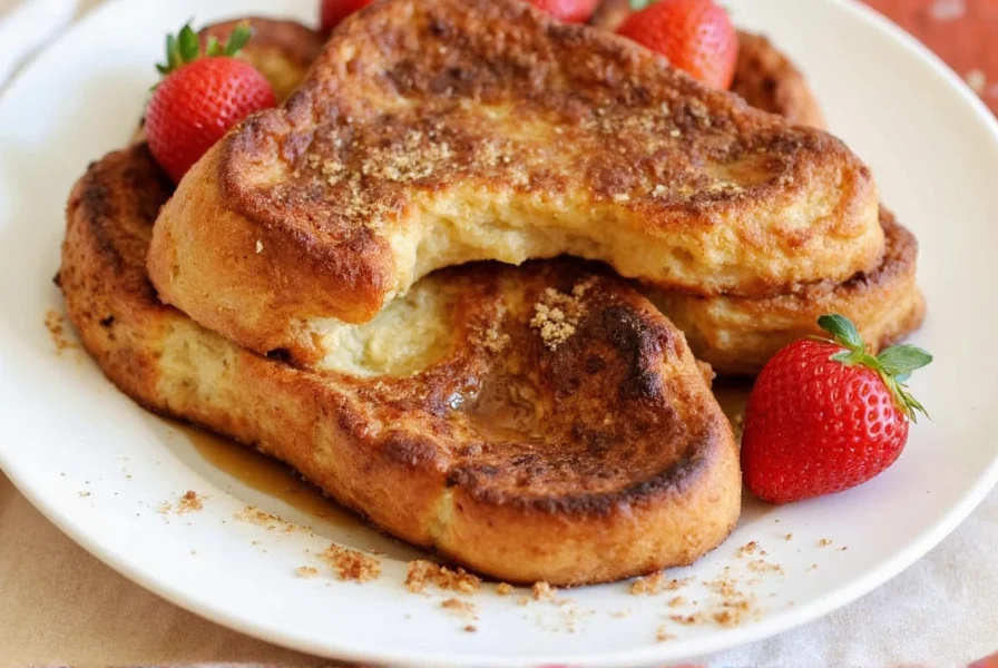 Perfectly golden cinnamon french toast slices on white plate with maple syrup drizzle and powdered sugar