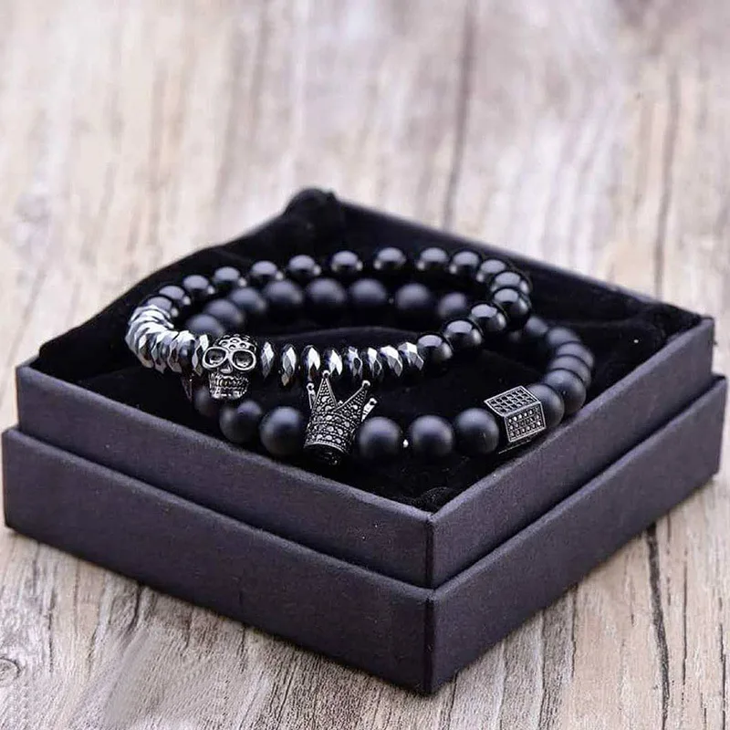 

European Hot Selling Handmade Men's Punk Elastic 2Pcs/Set 8mm Matte Black Stone Micro Pave Black CZ Crown Skull Bracelet Set