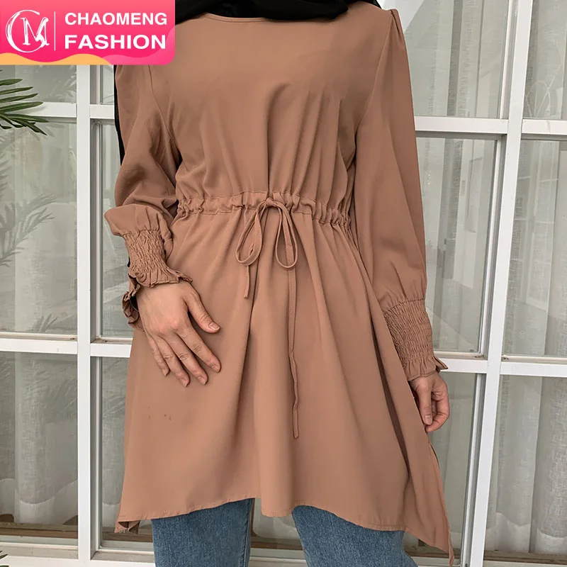 

2266# Simple style long sleeve muslim tunic tops ladies tops blouse islamic clothing for modest muslimah, Blue/black/navy/pink/brown/beige/maroon