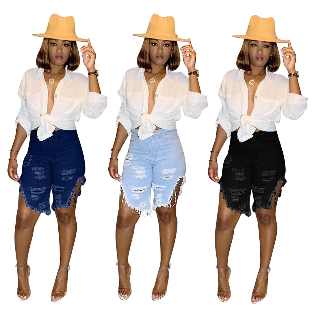 

2021 summer high waist distressed biker denim shorts blue ripped crop top jean shorts for women