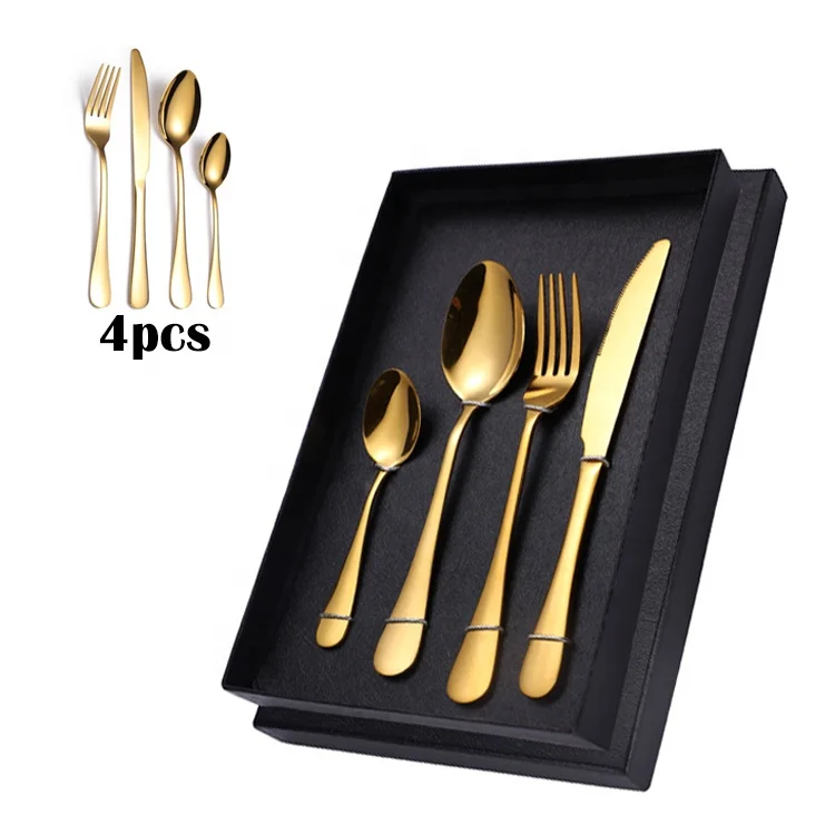 

stainless steel 430 metal elegant and shiny gold for wedding restaurant flatware spoon and fork 4-piece gift box cutlery set