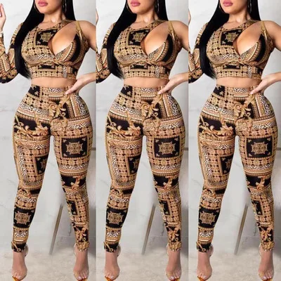 

Sexy Vintage Print Cropped Top And Pants Set Irregular Hollow Out Casual Two Piece Set Women Trendy Clothing -SM, Brown