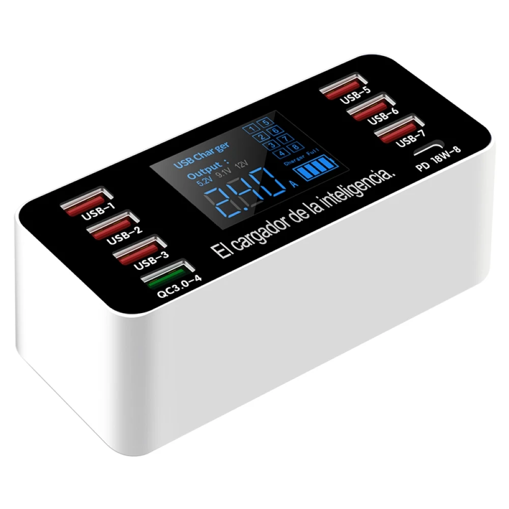

60W 8 Port smart LCD charging display mobile phone QC3.0 USB PD Mobile Charger estacion de carga rapida, White