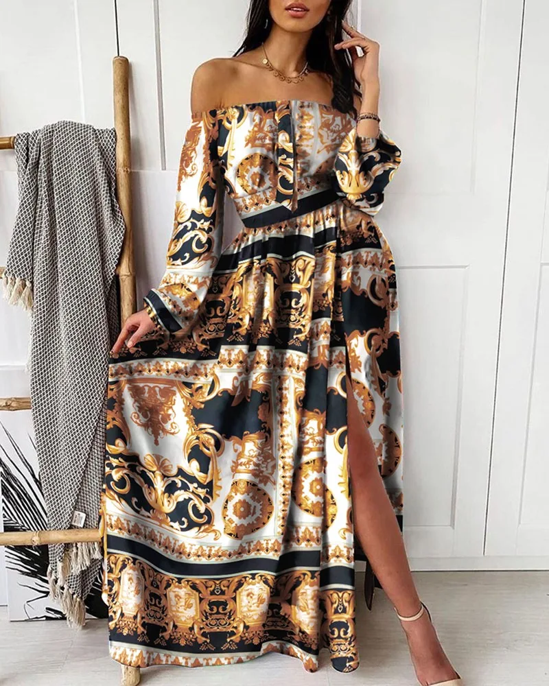 

Sexy Off Shoulder Lace Pleated Summer Dress Women Long Sleeve Dress 2021 Bohemian Robe Maxi Length Vestidos