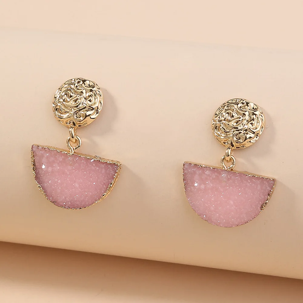 

2021 Ins 18K Real Gold Plated Quartz Sector Dangle Earrings Delicate Pink Geometric Druzy Quartz Drop Earrings Jewelry For Women