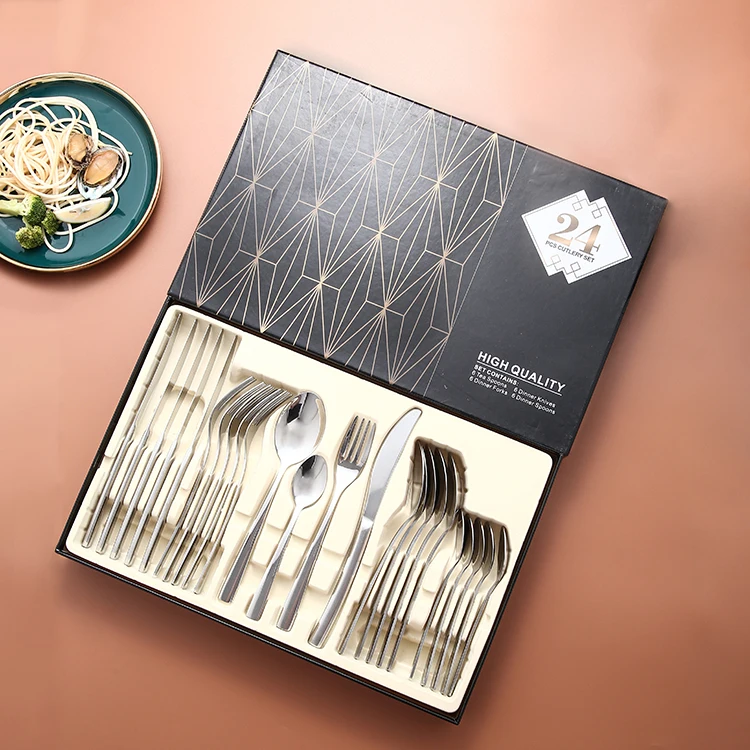 

High quality home restaurant silverware mirror polished wedding gift modern spoon set 24 pcs stainless steel cutlery set, Silver