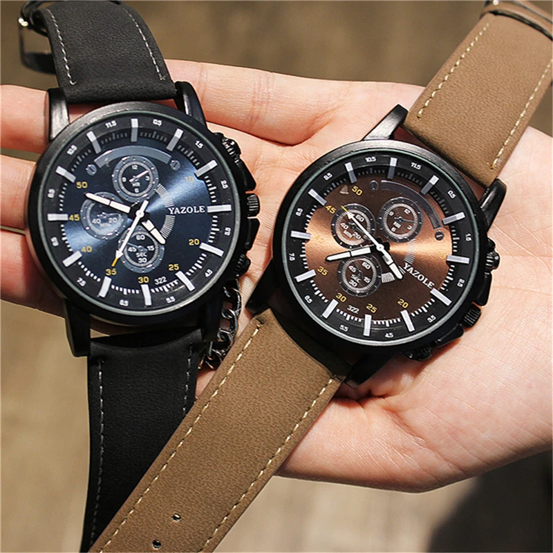 

2021 Yazole Watches Men Sports Big Watches Decorative Dial Brown Leather Band Quartz Wristwatches Erkek Kol Saat Reloj Hombre