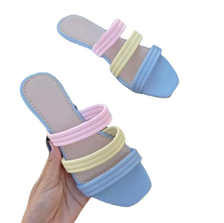 

Square Head Flat Bottom Woven Hollow Slippers Women's Large Size Color Matching Out Wear Beach Sandales Femme, Black