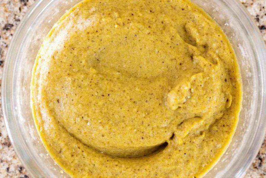 Close-up of various mustard substitutes including prepared mustard, mustard seeds, and turmeric in small bowls