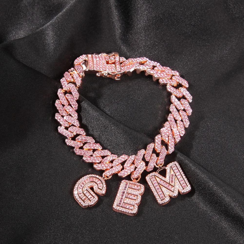 

Pink Iced Out Bling 12mm Cuban Chain Personalised Custom Name Letter Necklaces And Bracelet Jewelry