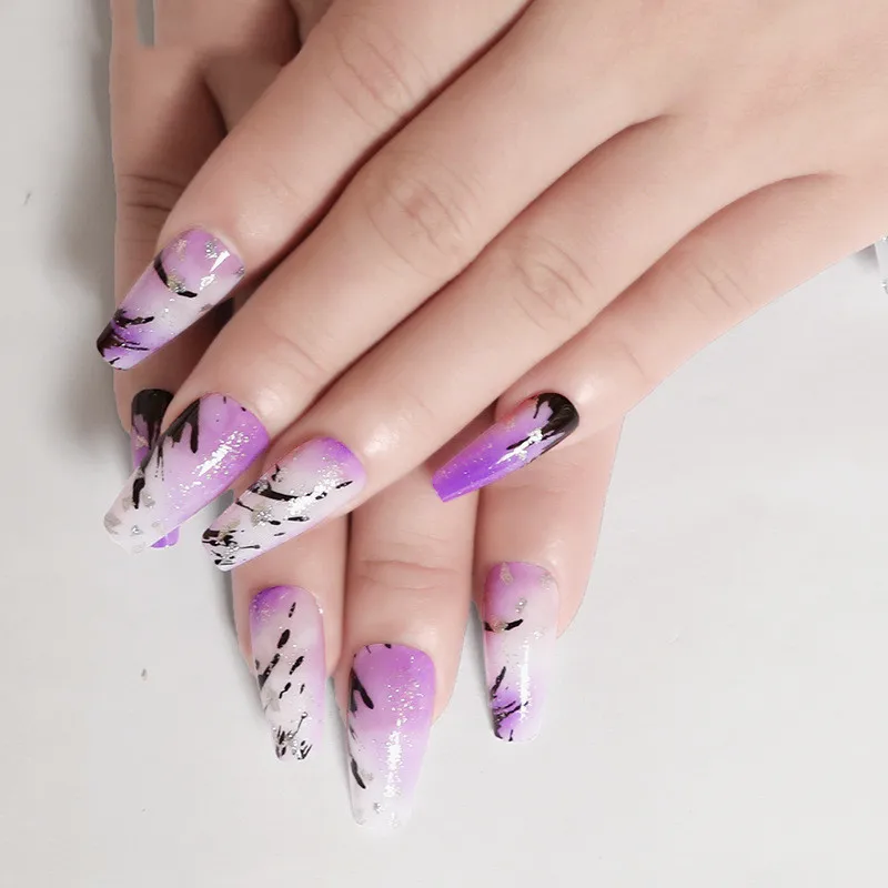 

Wholesale high quality purple gradient ballerina false nails removable coffin fake press on nails