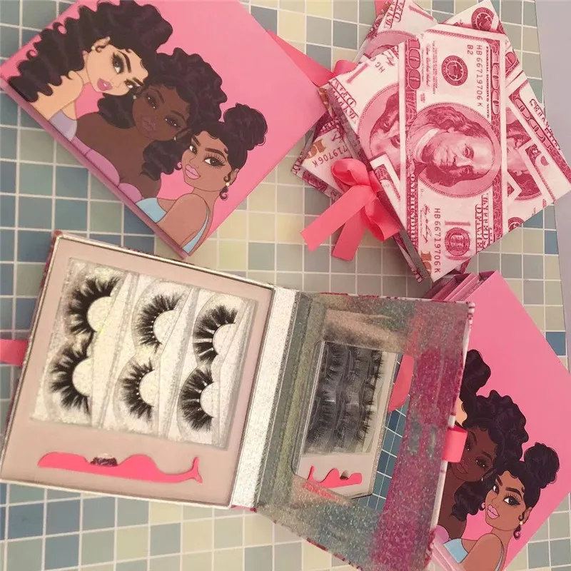 

2021 new arrivals private label custom 3 pairs mink eyelash packaging box with tweezer black girl lashbox case