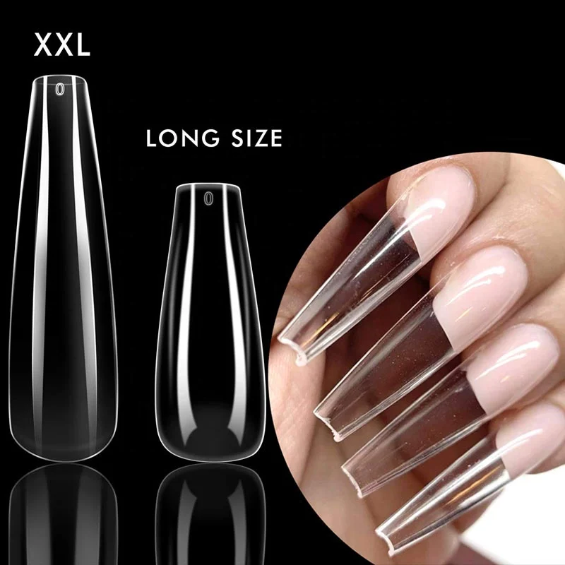 

240pcs/Box 12 Sizes Extra Long Ballerina Nails Full Cover Clear Acrylic False Nail Salons Half Cover XXL Coffin Nail Tips, Picture