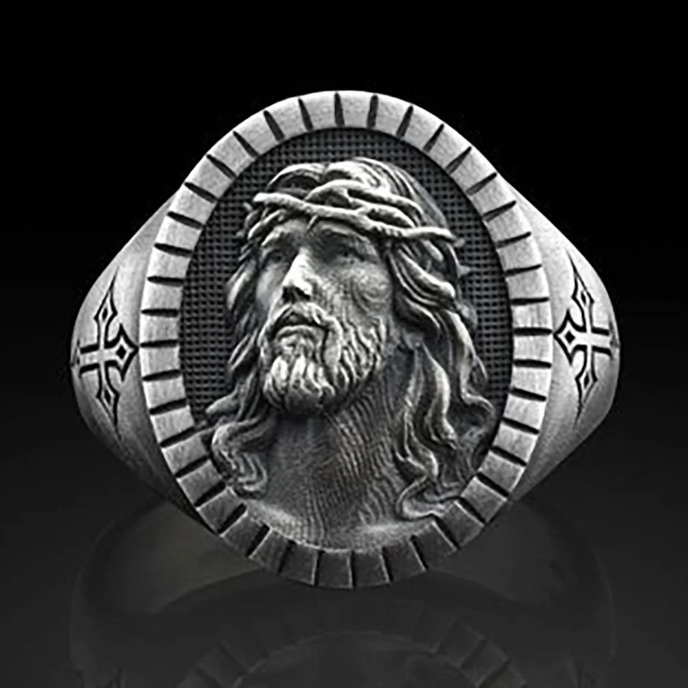 

CAOSHI Retro Mens Jesus Ancient Silver Ring Oval Christian Cross Ring Accessories Religious Corss Carved Men Silver Ring