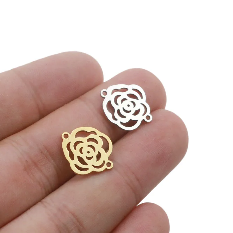 

Hobbyworker Wholesale Stainless Steel Gold Silver Color Hollow Rose Flower Charms Pendant Connectors for DIY Jewelry Making, Picture