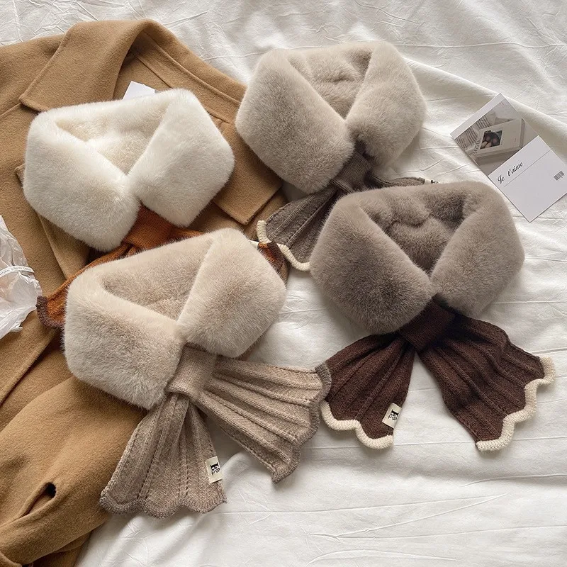 Women's Winter Trendy Ins Mermaid Korean Version Versatile Student Japanese Style Soft Faux Rabbit Fur Knitted Scarf Polyester
