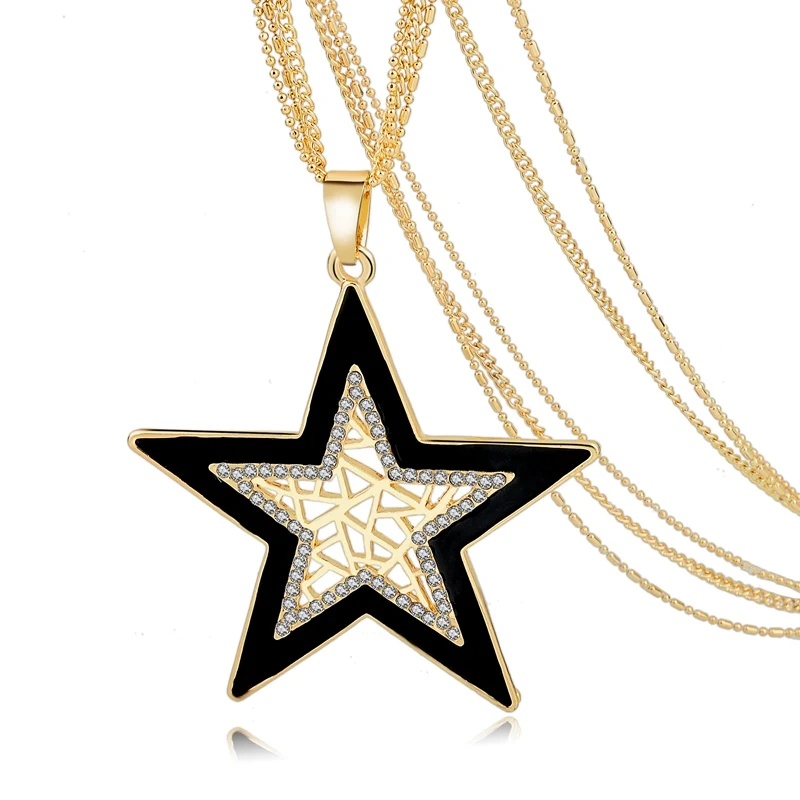 

Hot sale Promotion Star Hollow Rhinestone Enamelled Pendant Necklace Cubic Zircon Diamond three link chains Jewelry for women