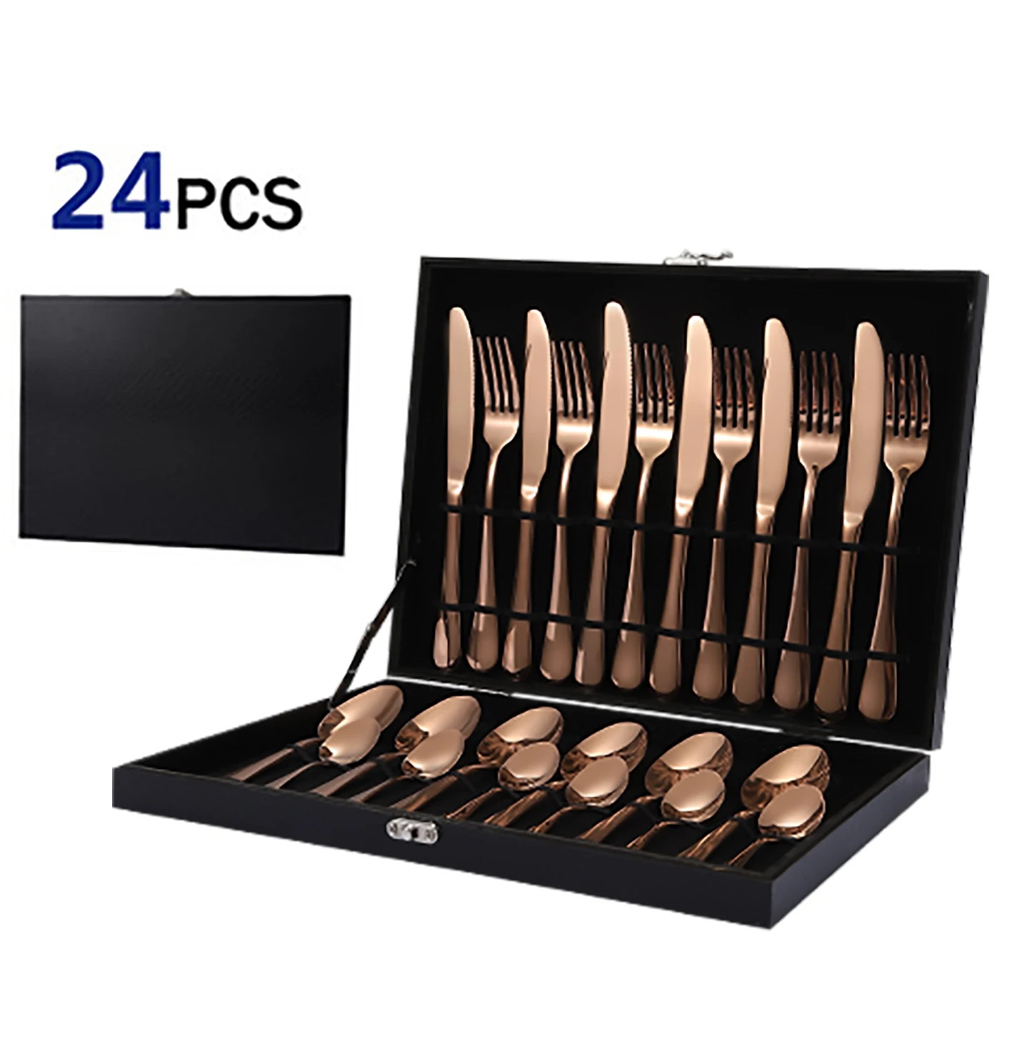 

Jieyang Shengde cultery set Stainless Steel spoon cutlery luxury rose gold cultery set 24pcs with Wooden Box, Customized