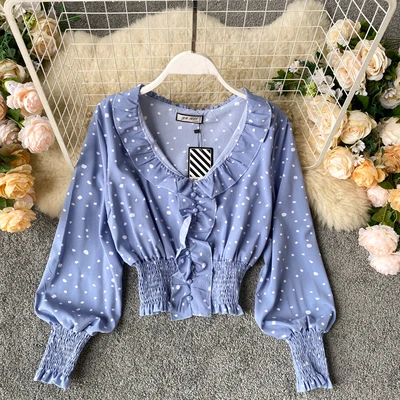 

2020 Korean Design Fashion Polka Dot Long Sleeve Chiffon Blouse Tops Girls