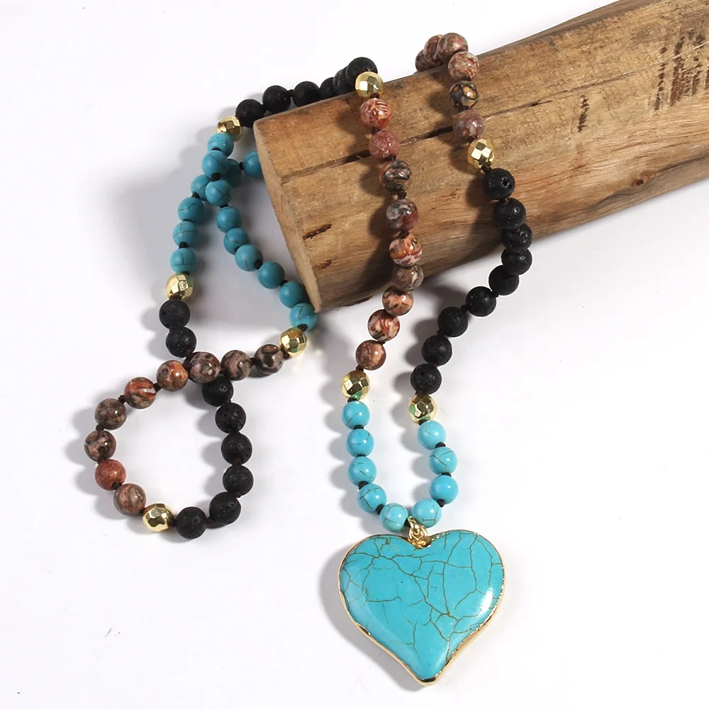 

Fashion Boho Summertime Natural Gemstone Jewelry Choker Necklace Vintage Turquoise Stone Heart Pendant Necklaces