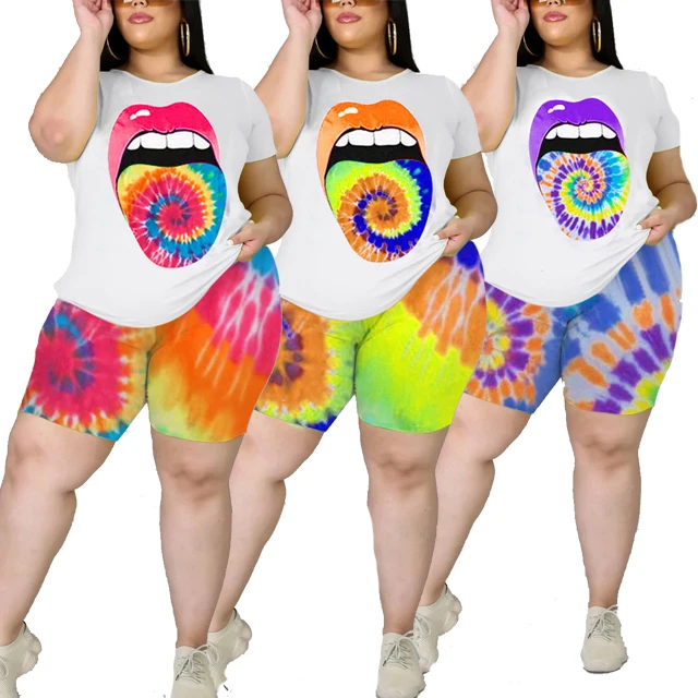 

GX5161 Wholesale Casual Colorful Lip Printed Two Piece Summer Outfit Top And Short Pants Set Plus Size Women Clothing, Picture
