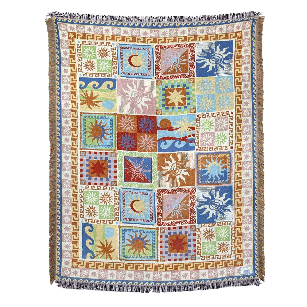 

Custom pattern printed big size boho tassel macrame 100% cotton woven wholesale camping mat beach outdoor picnic blankets