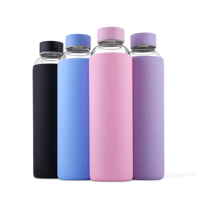 

BPA Free Leak-proof Wholesale Sport Borosilicate Drinking Glass Water Bottles with Screw Cap Bamboo Lid and Protective Sleeve, Customized color