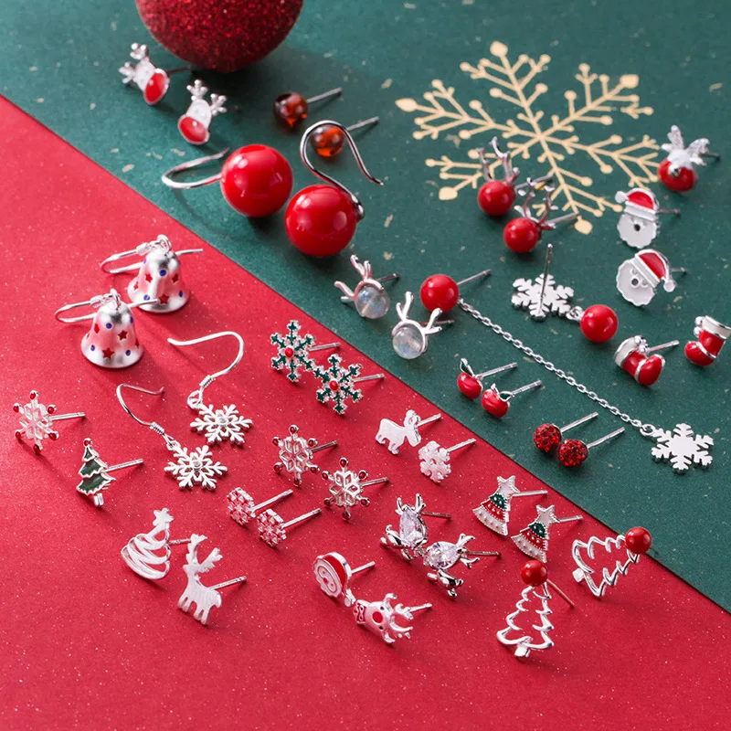 

925 Sterling Silver Christmas Earrings Red Enamel Deer Santa Tree Cute Small Stud Earring For Women Girl Christmas Jewelry